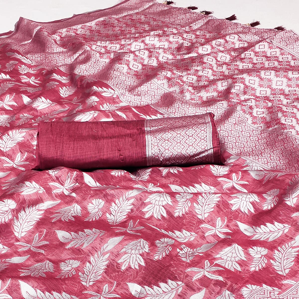 Red Woven Cotton Silk Saree With Tassels