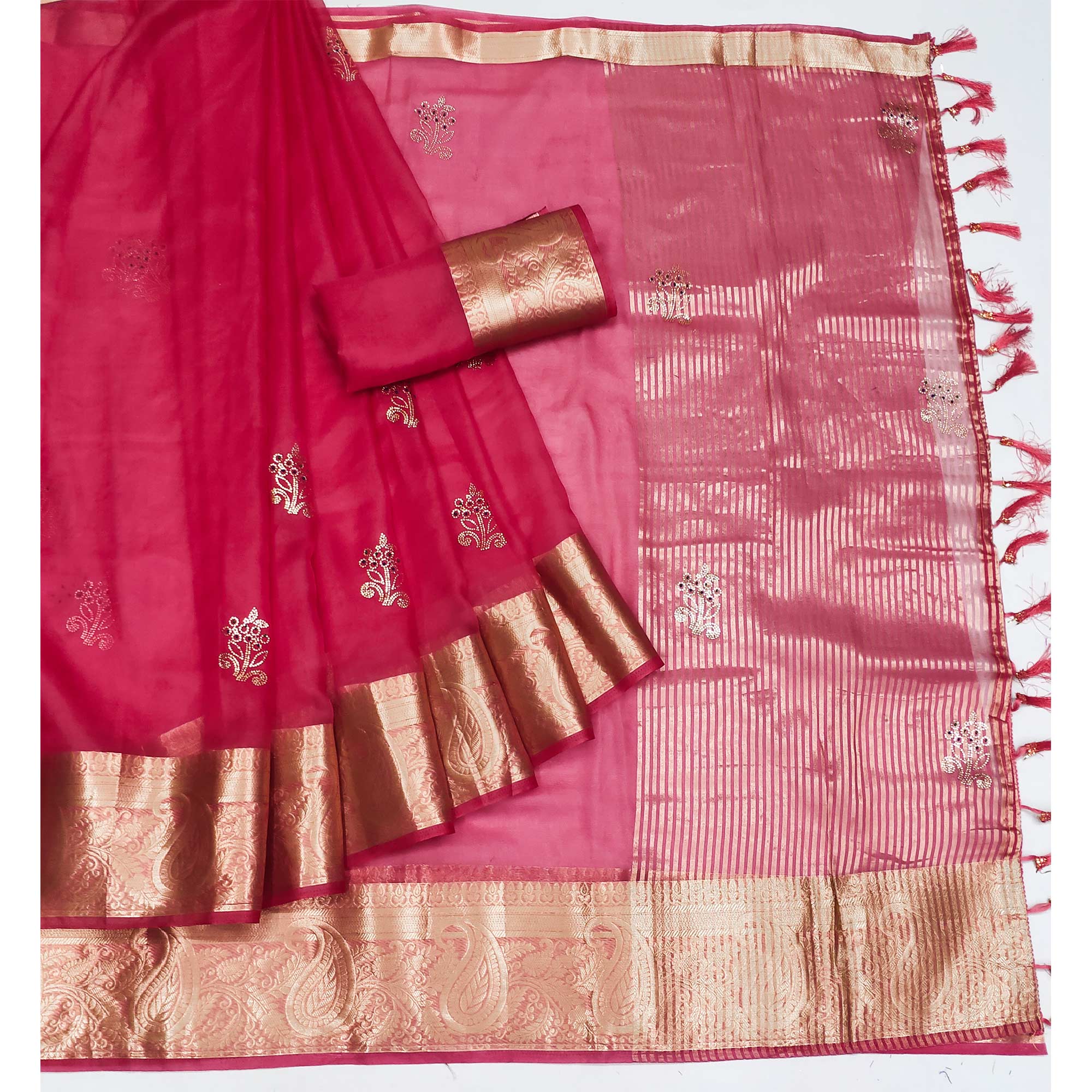 Pink Floral Foil With Woven Border Organza Saree