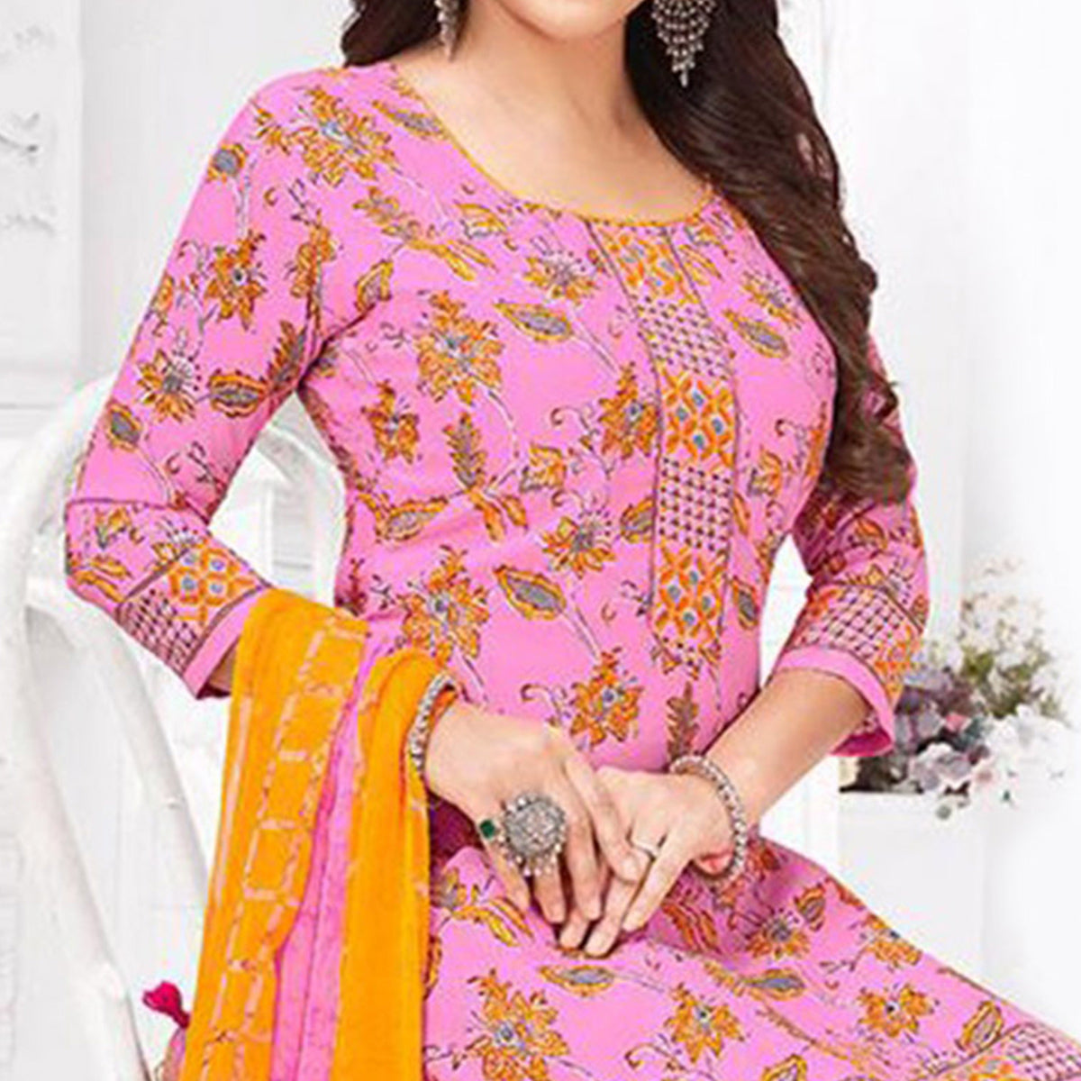 Pink Printed Crepe Patiala Dress Material