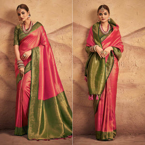 Pink Woven Art Silk Saree With Tassels