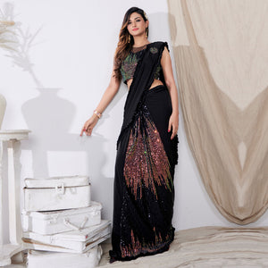 Black Sequins Embroidered Lycra Ready to Wear Saree