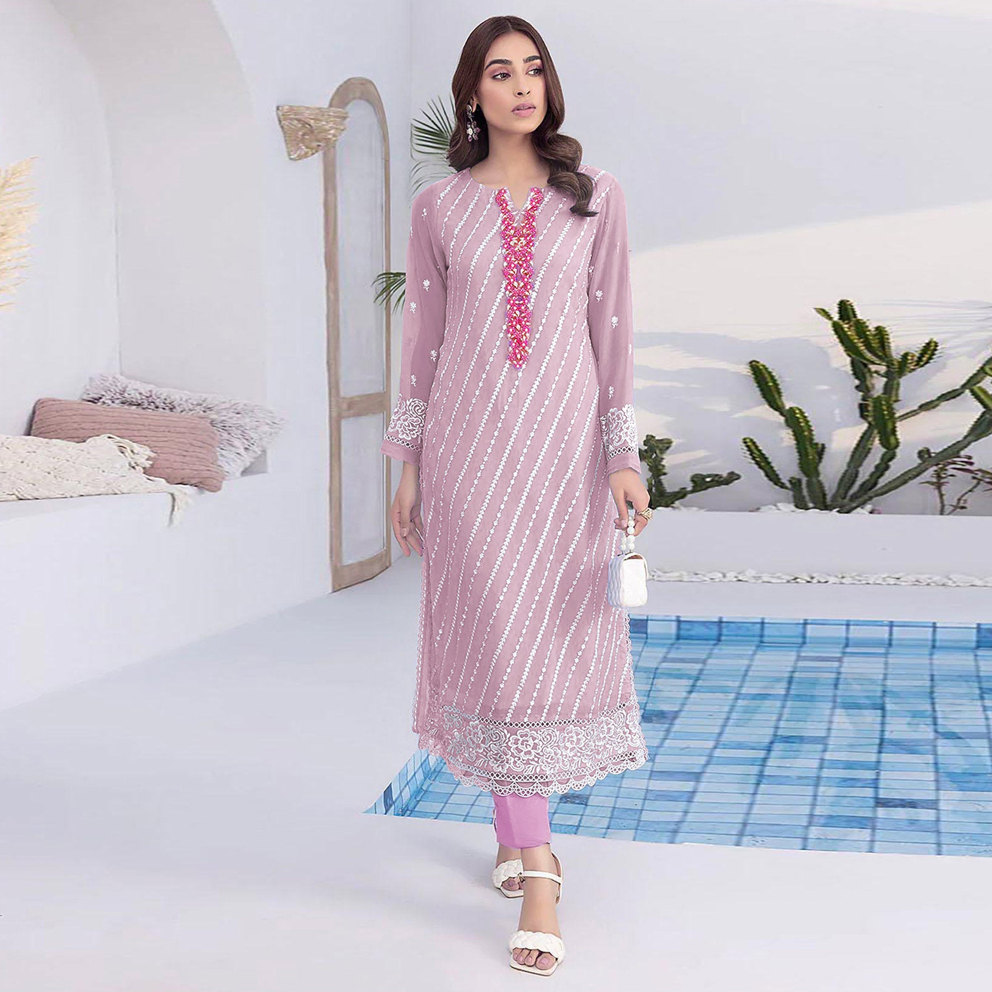 Light Pink Floral Embroidered Georgette Semi Stitched Suit