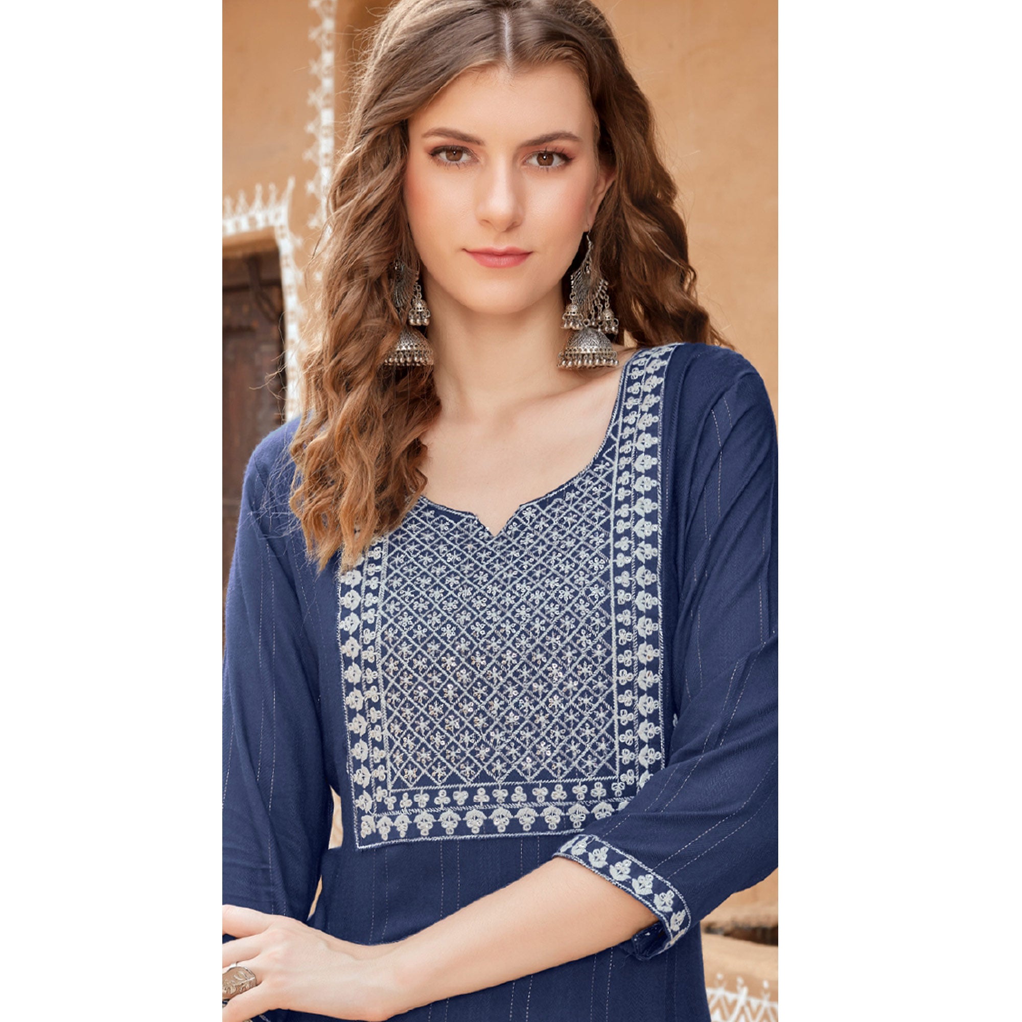 Blue Floral Embroidered Rayon Kurti