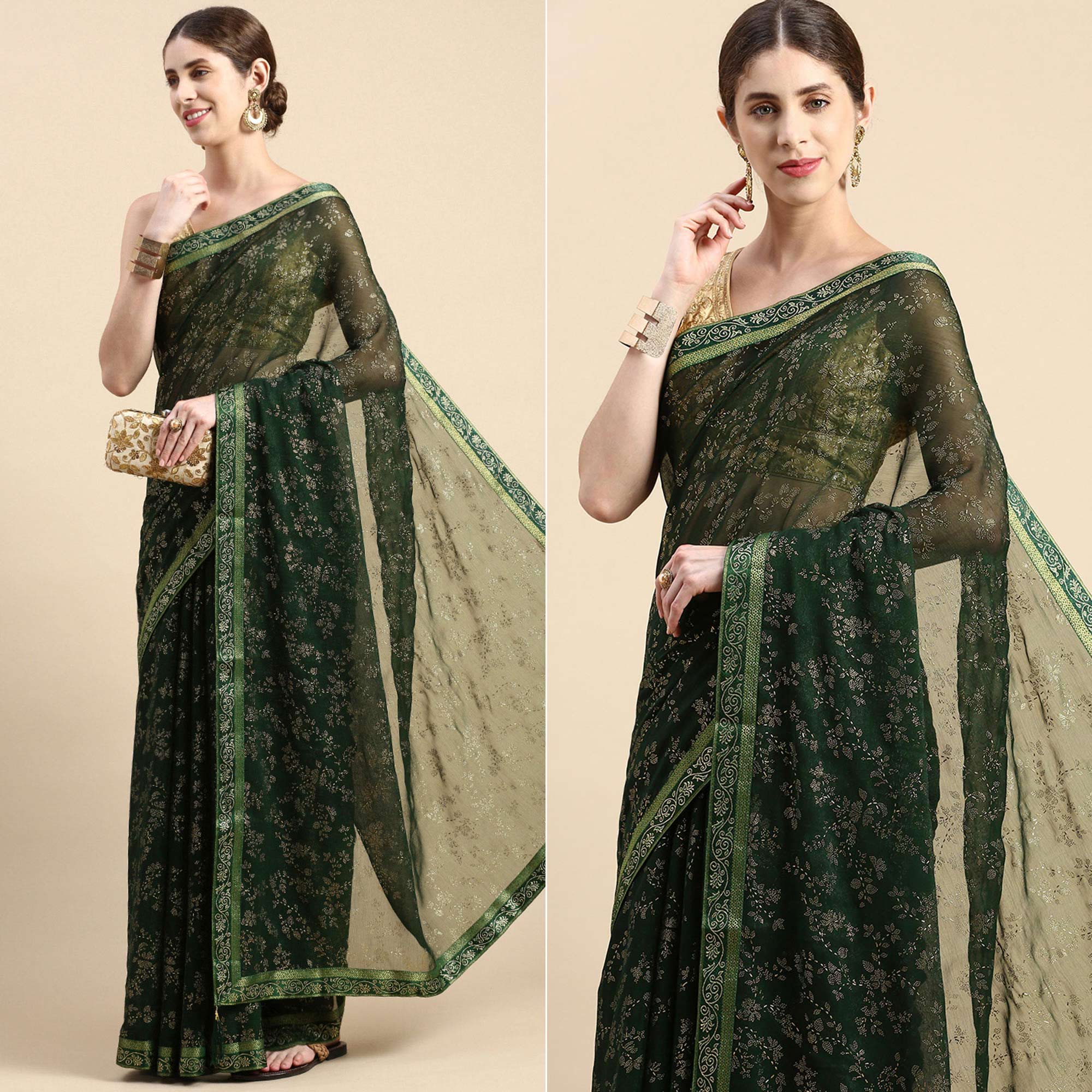 Green Floral Foil Printed Shimmer Saree
