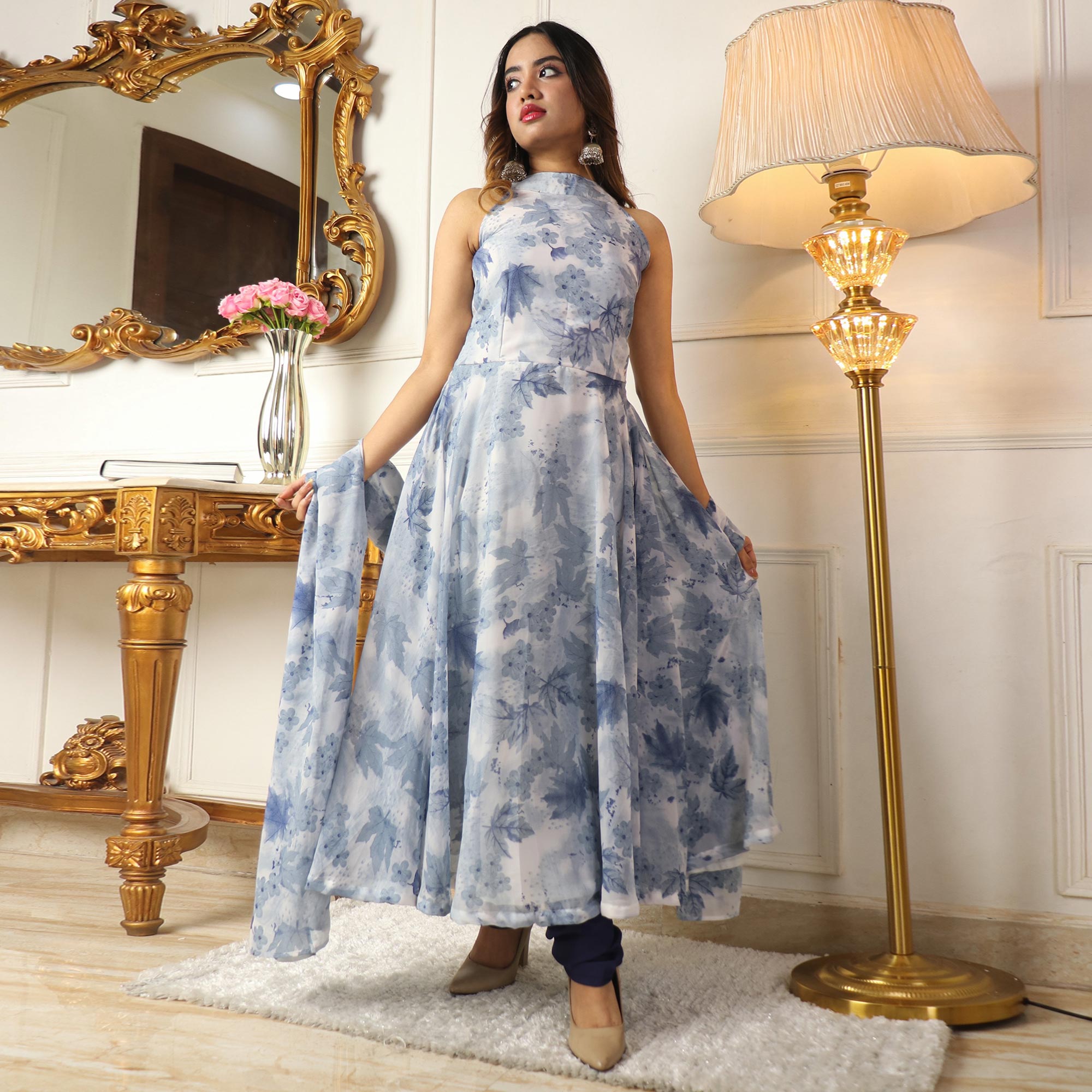 Blue Floral Printed Georgette Anarkali Suit