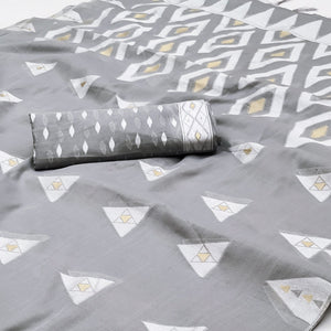 Grey Woven Cotton Saree With Tassels