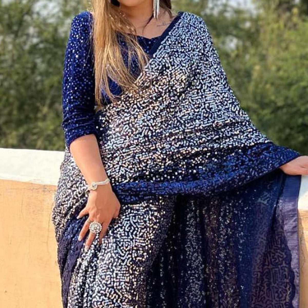 Blue Sequins Embroidered Georgette Saree