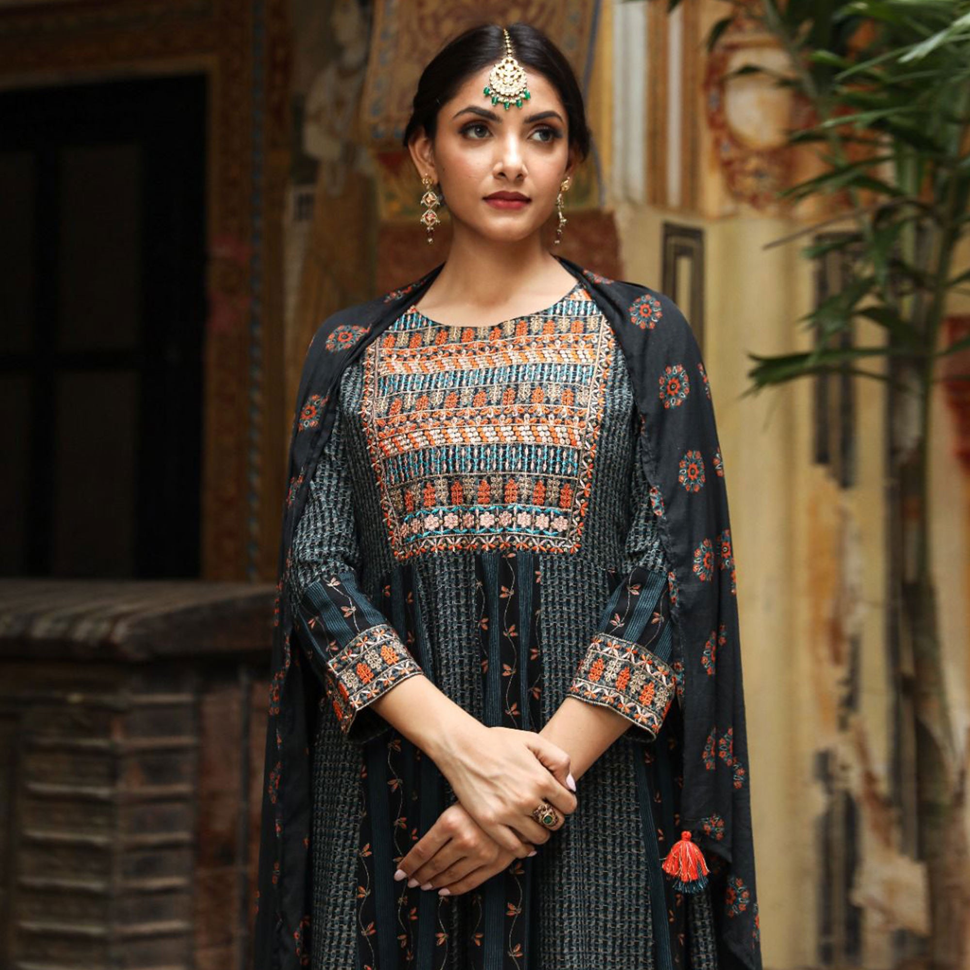 Black Printed With Embroidered Rayon Anarkali Suit