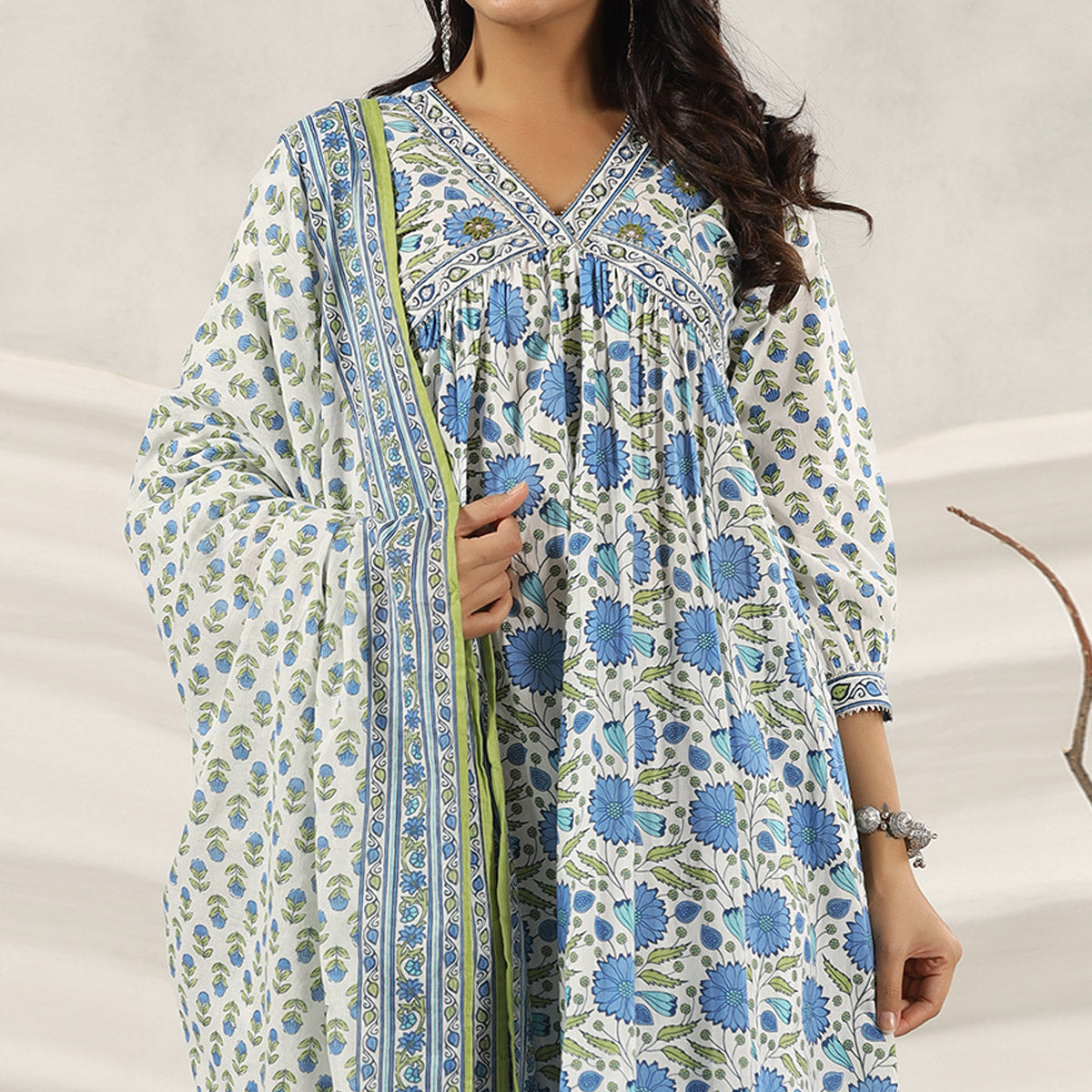 Blue Jaipuri Printed Pure Cotton Anarkali Suit