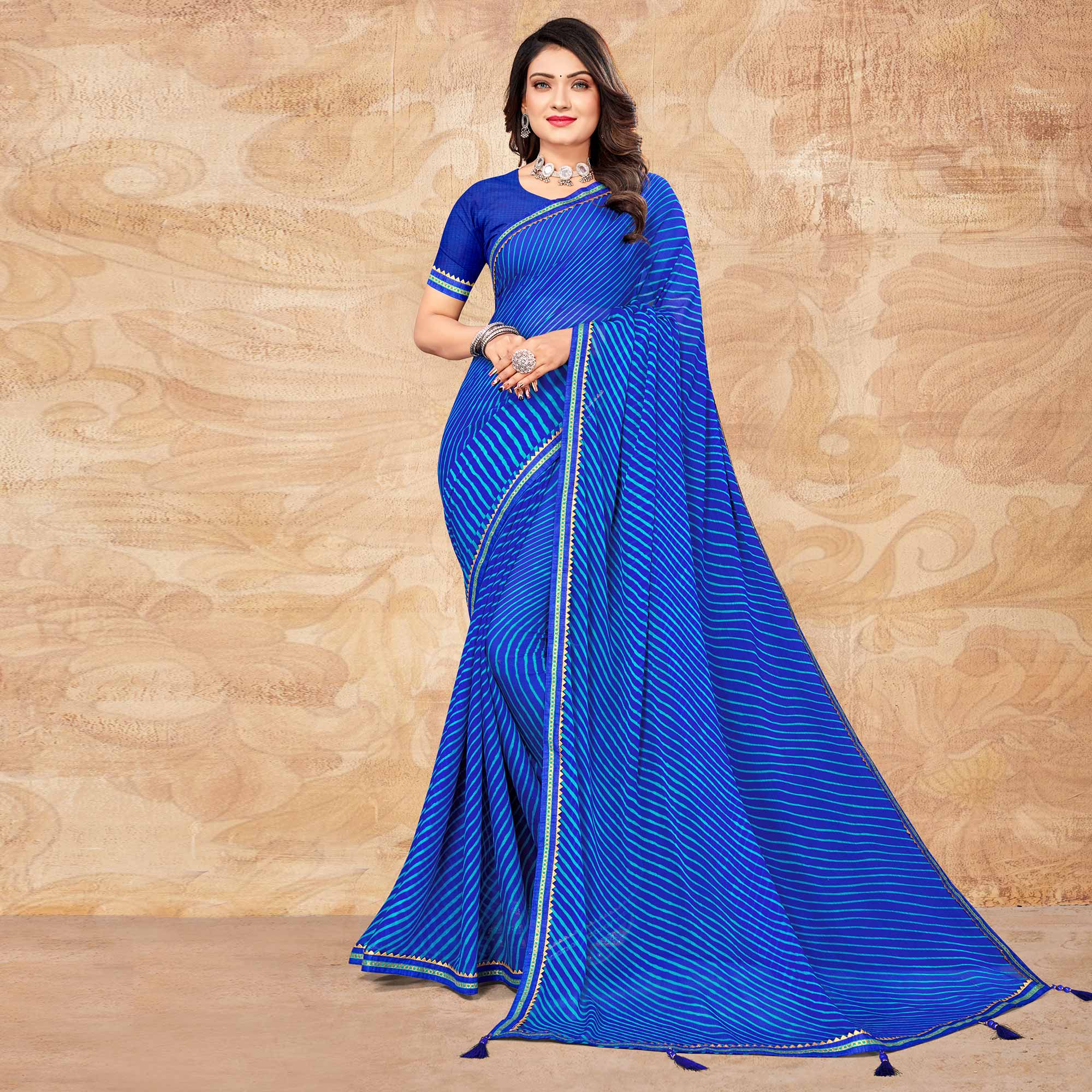 Royal Bue Digital Striped Printed Chiffon Saree With Tassels