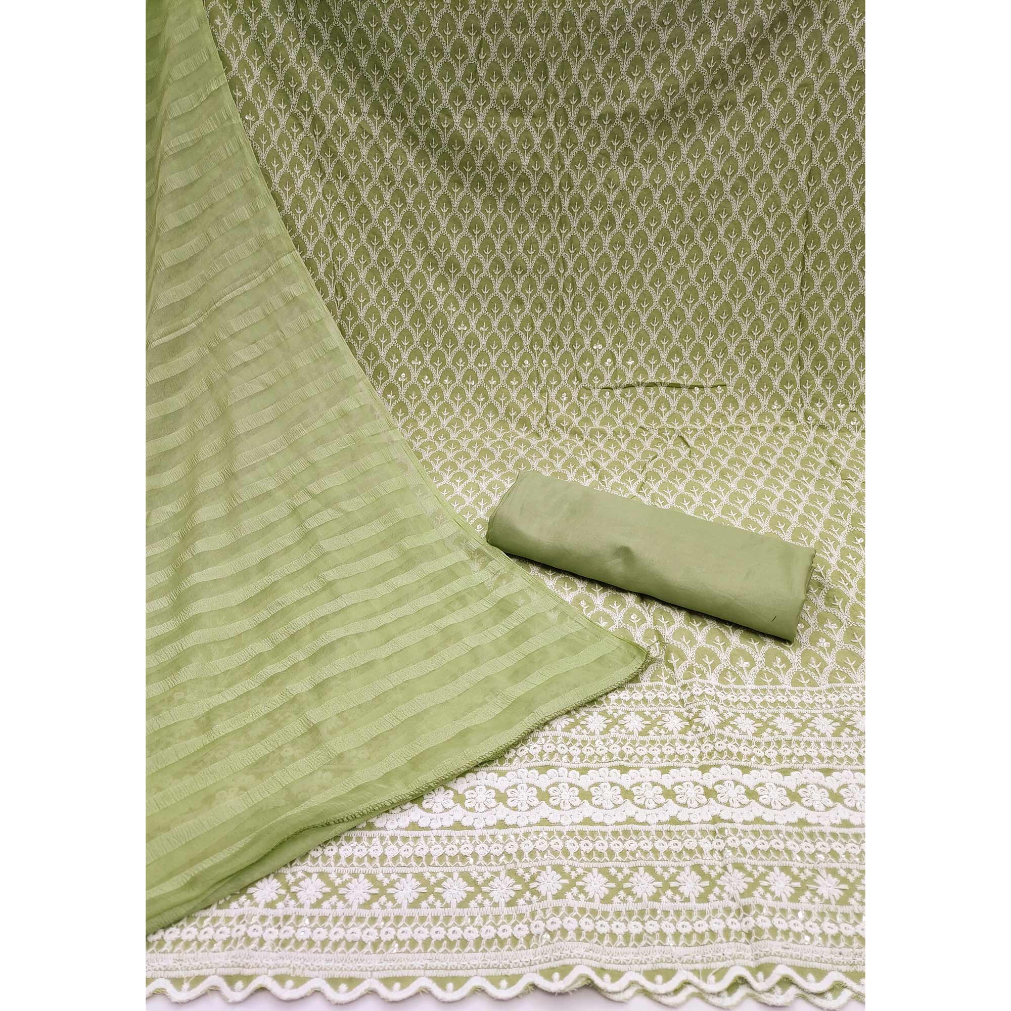 Green Sequins Embroidered Cotton Blend Dress Material