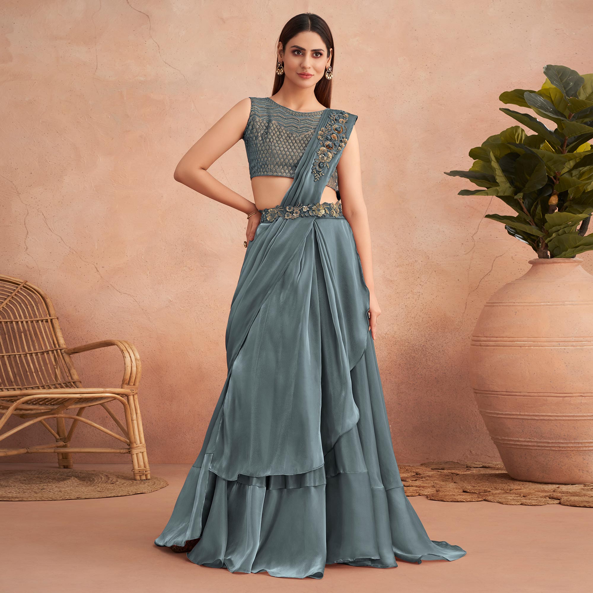 Grey Sequins Embroidered Ready to Wear Art Silk Saree