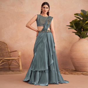 Grey Sequins Embroidered Ready to Wear Art Silk Saree