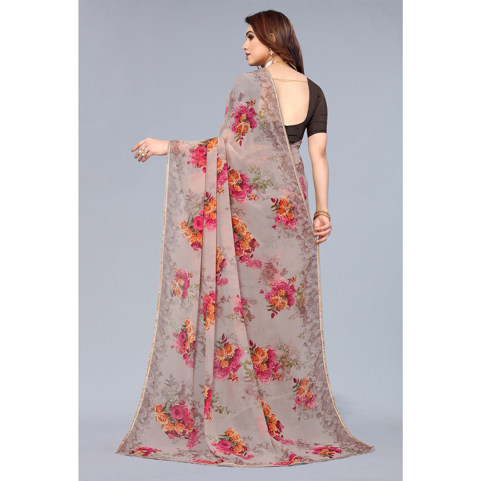 Beige Floral Printed Georgette Saree