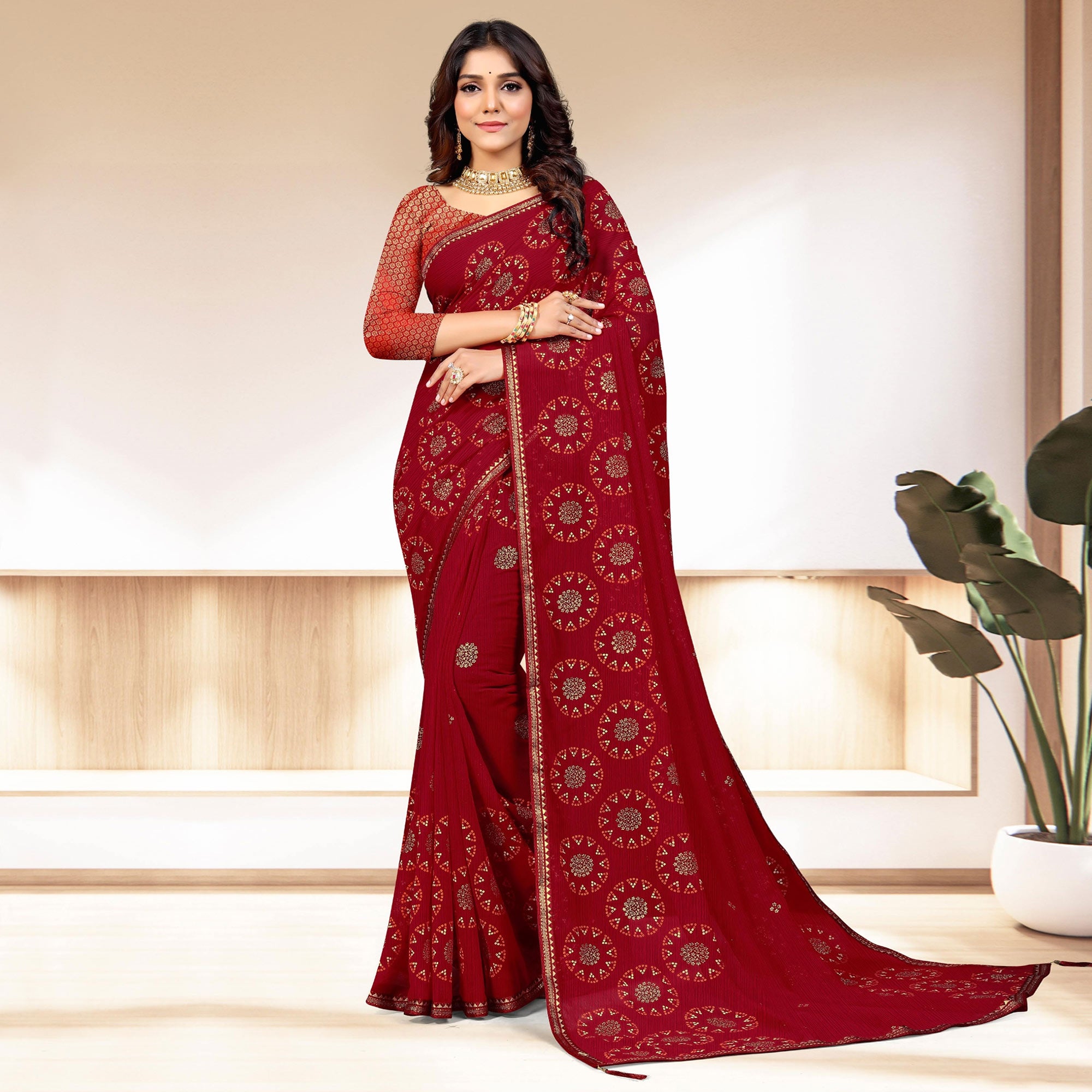 Maroon Bandhani Printed Chiffon Saree