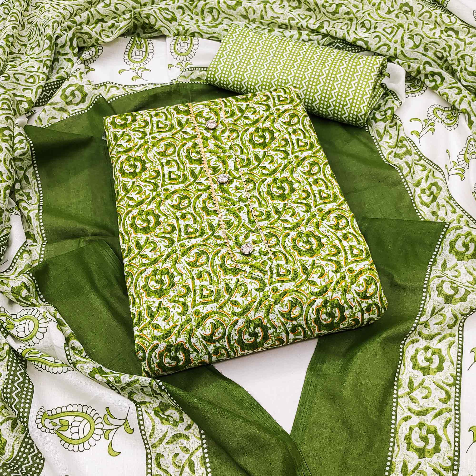 Green Floral Printed Cotton Dress Material