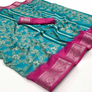 Blue Floral Printed With Woven Border Dola Silk Saree