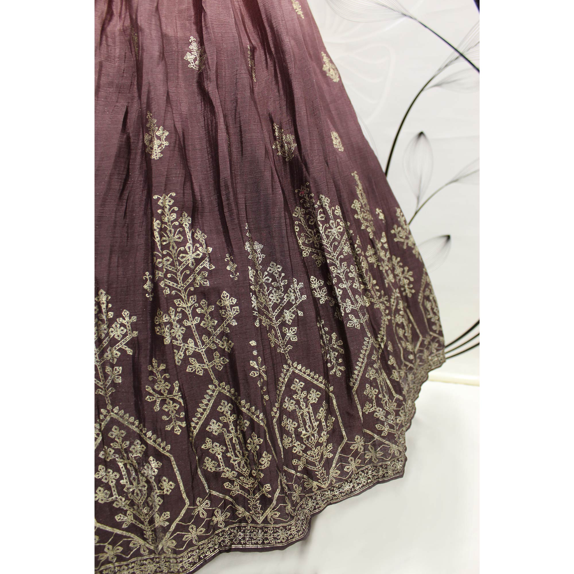 Coffee & Peach Foil Printed Chiffon Lehenga Choli