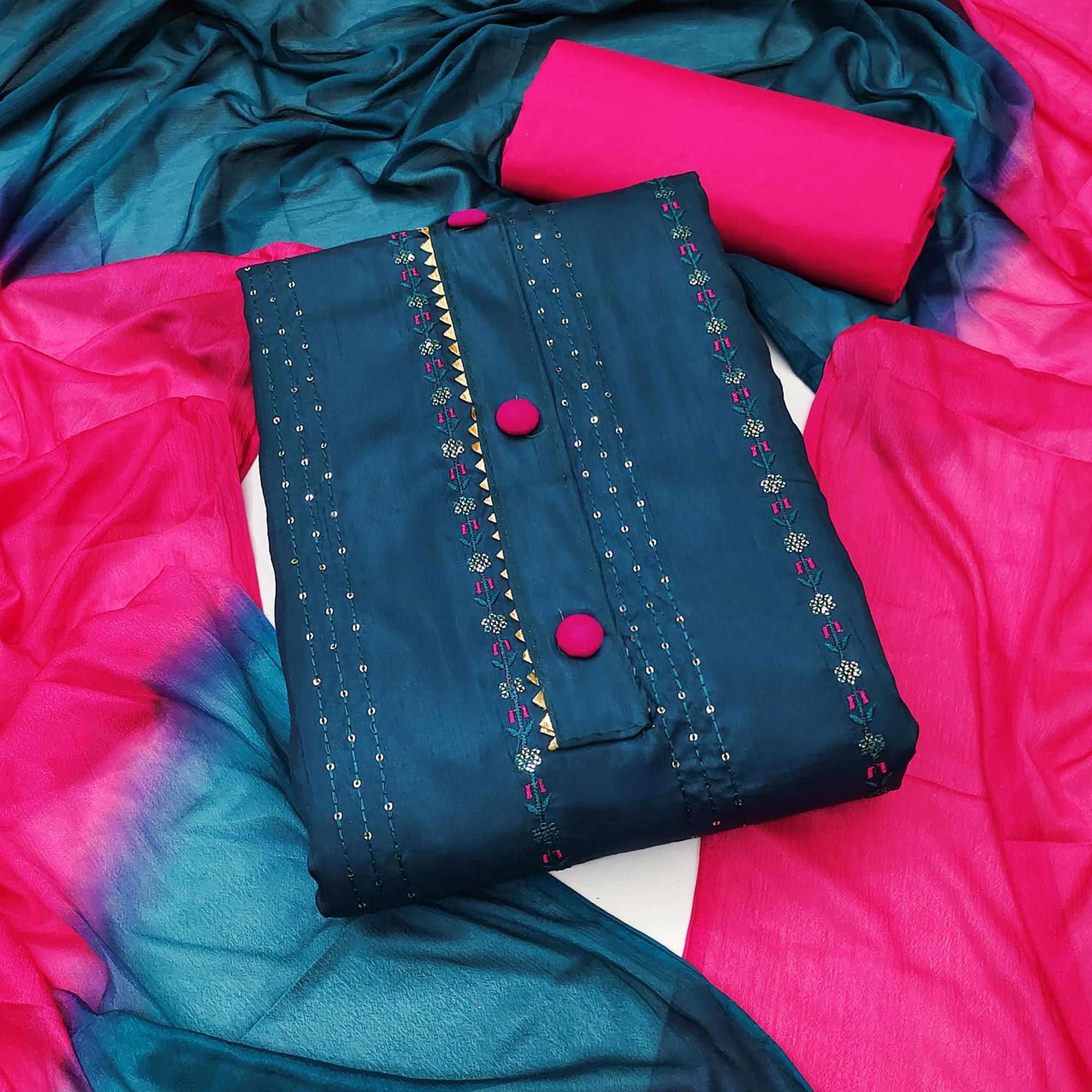 Morpich Sequins Embroidered Raw Silk Dress Material