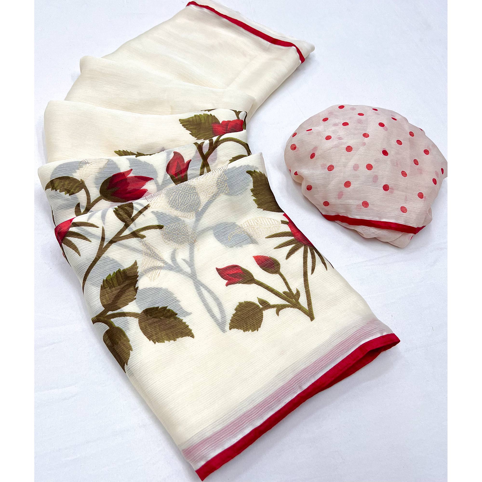 White Floral Digital Printed Georgette Saree