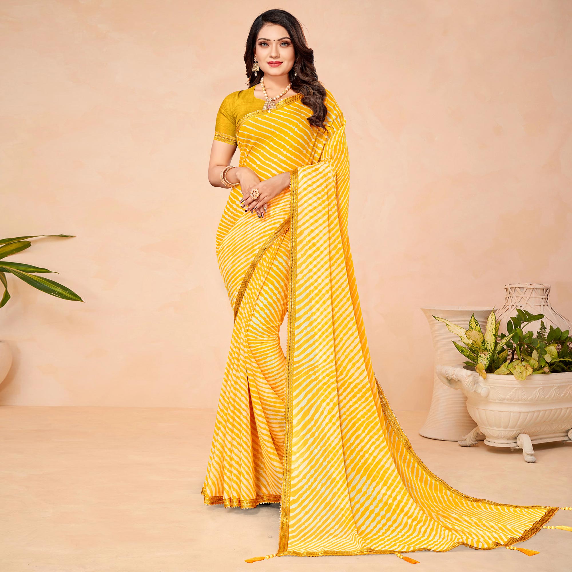Yellow Printed Chiffon Saree