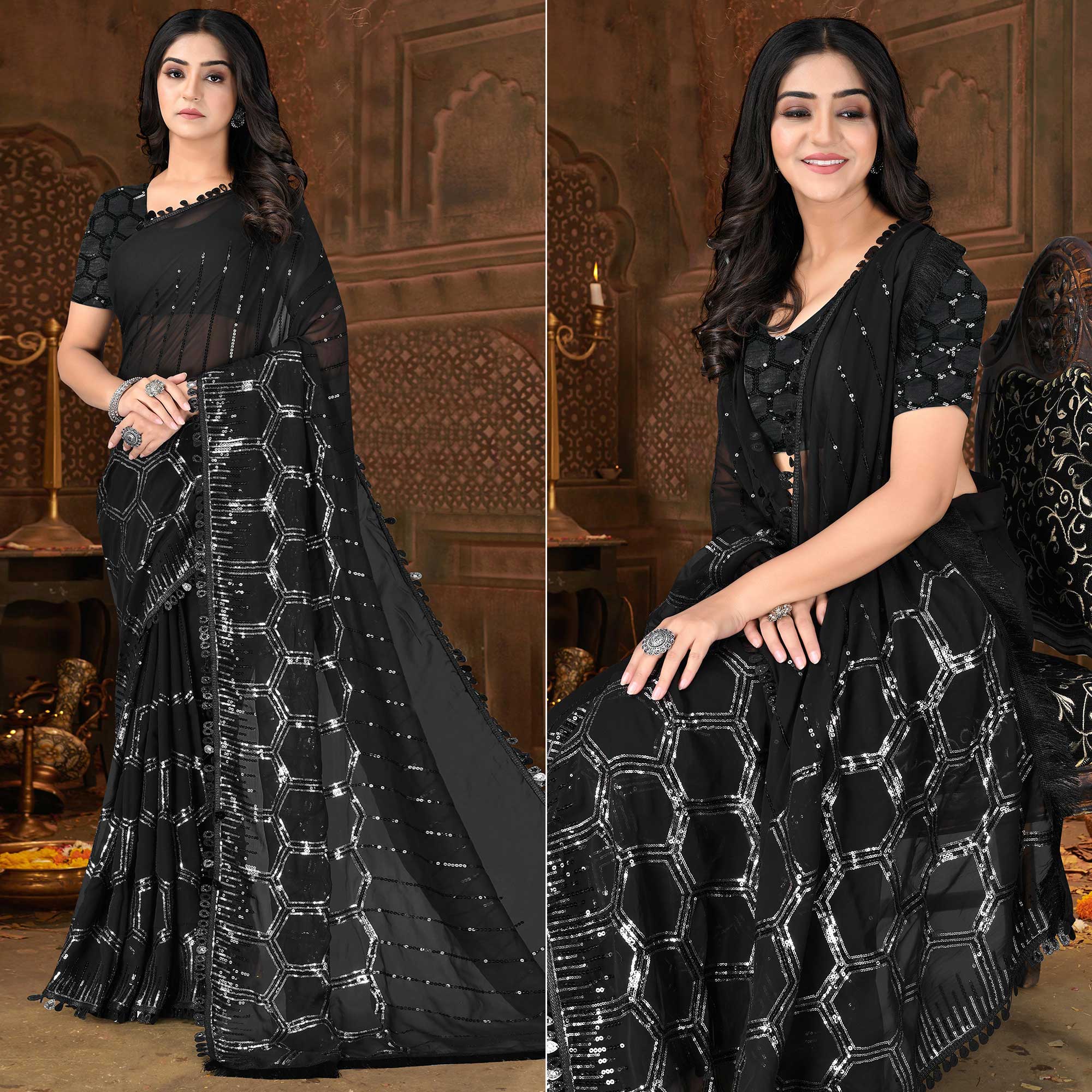 Black Sequins Embroidered Georgette Saree