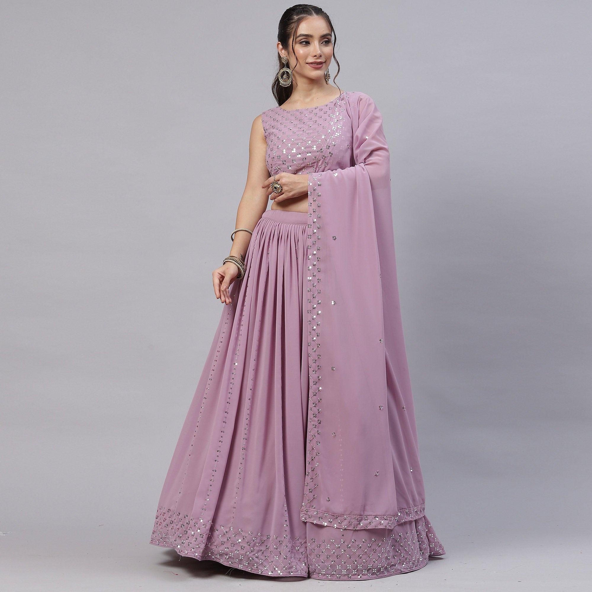 Mauve Sequins Embroidered Georgette Lehenga Choli