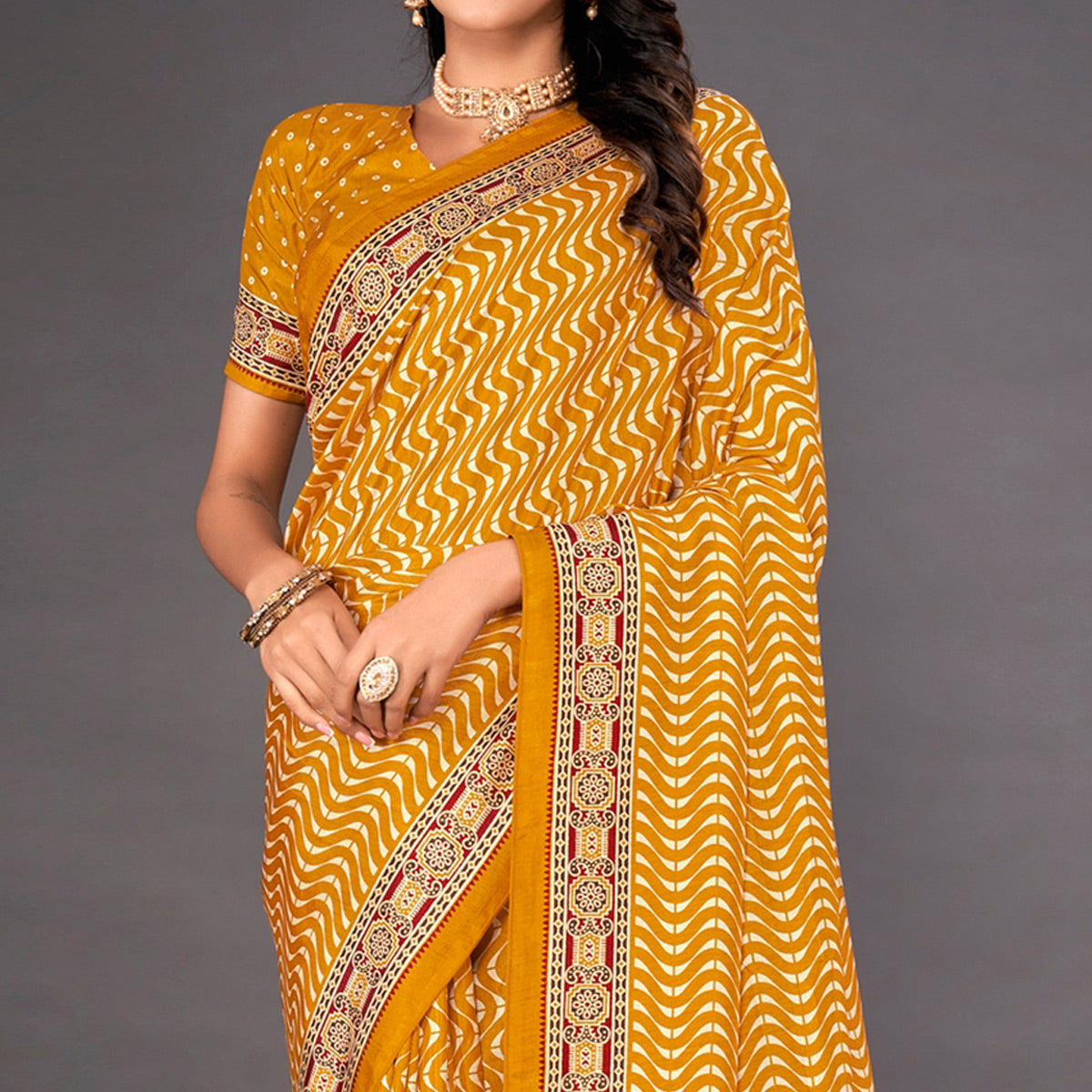 Mustard Printed Dola Silk Saree
