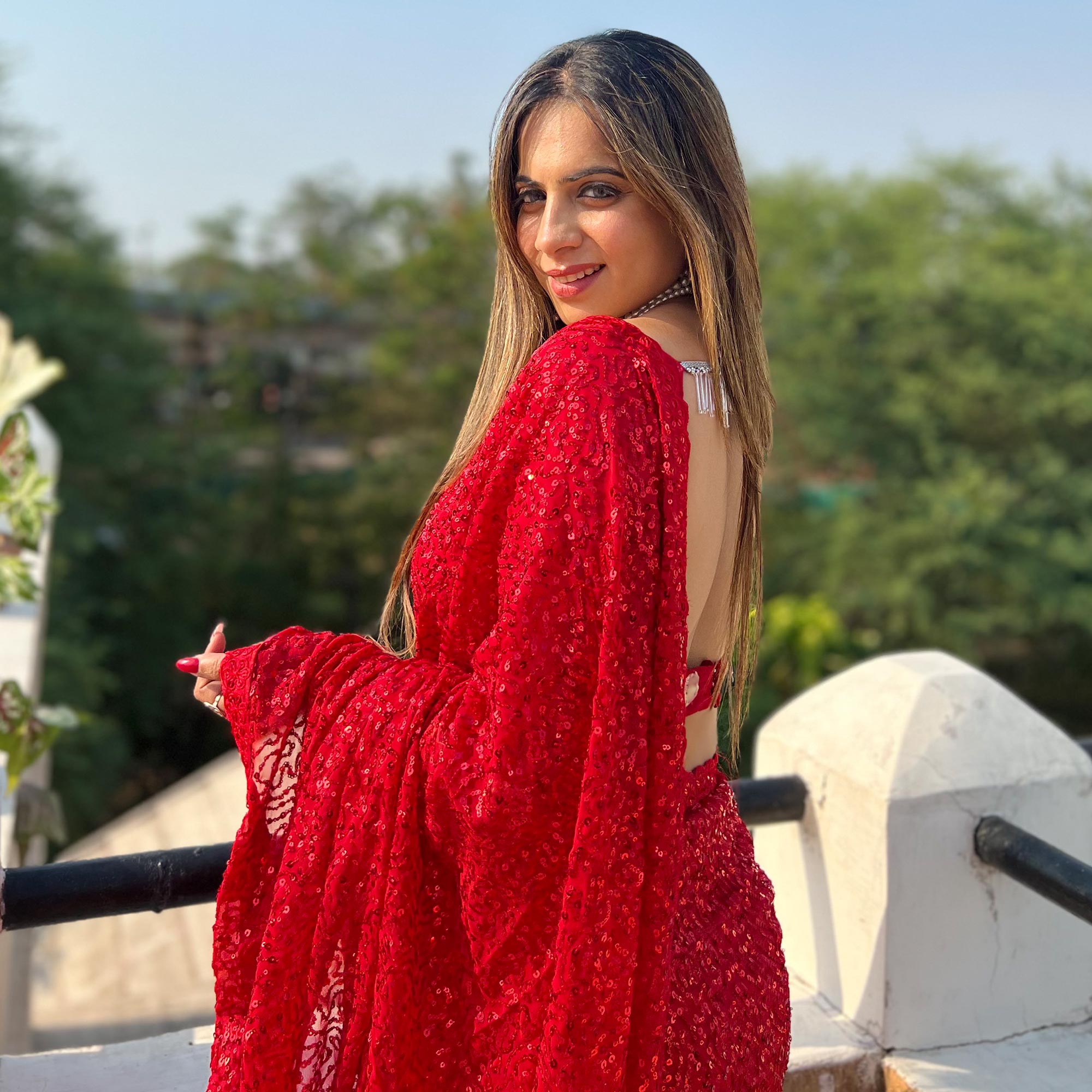 Red Sequins Embroidered Georgette Saree