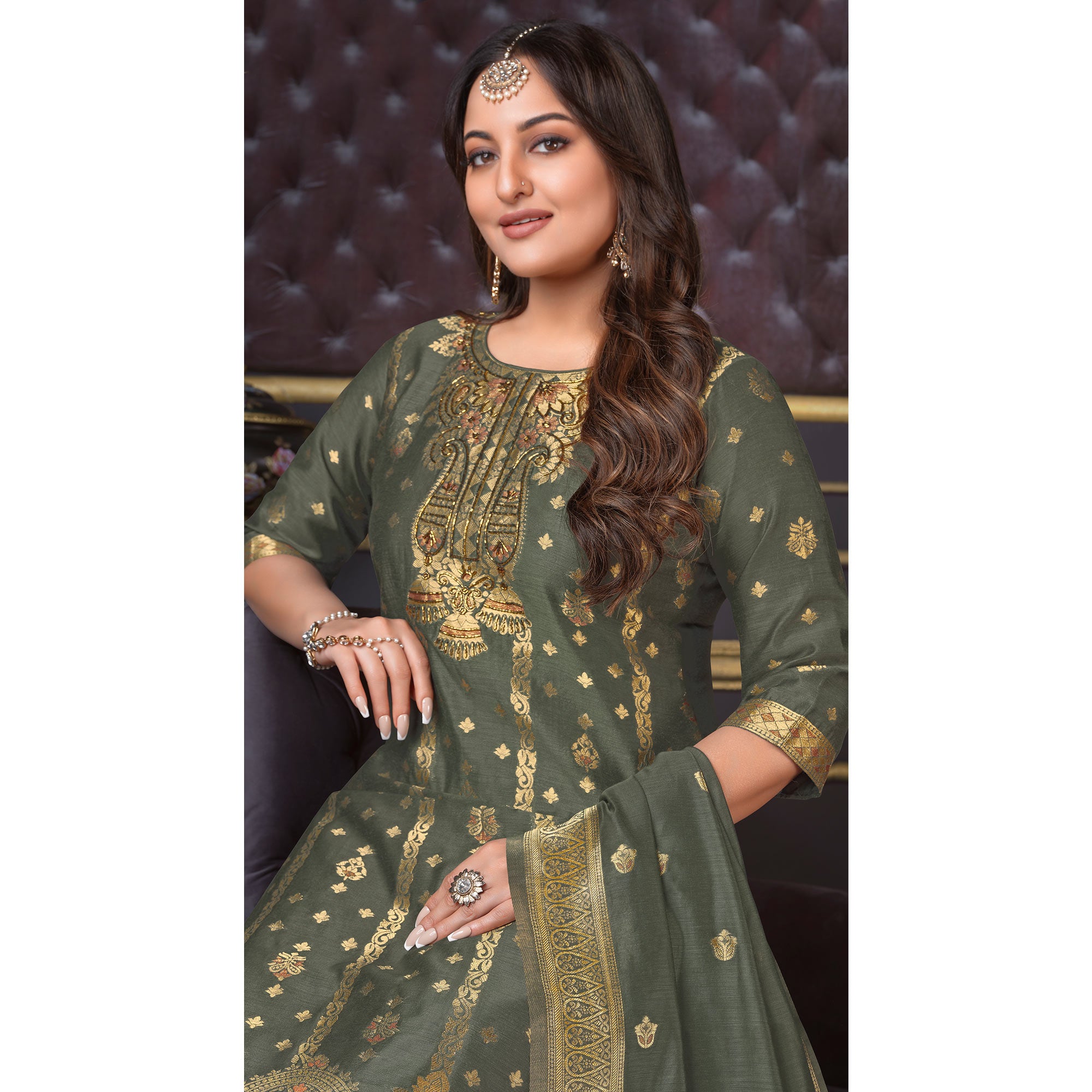 Grey Woven Banarasi Silk Salwar Suit