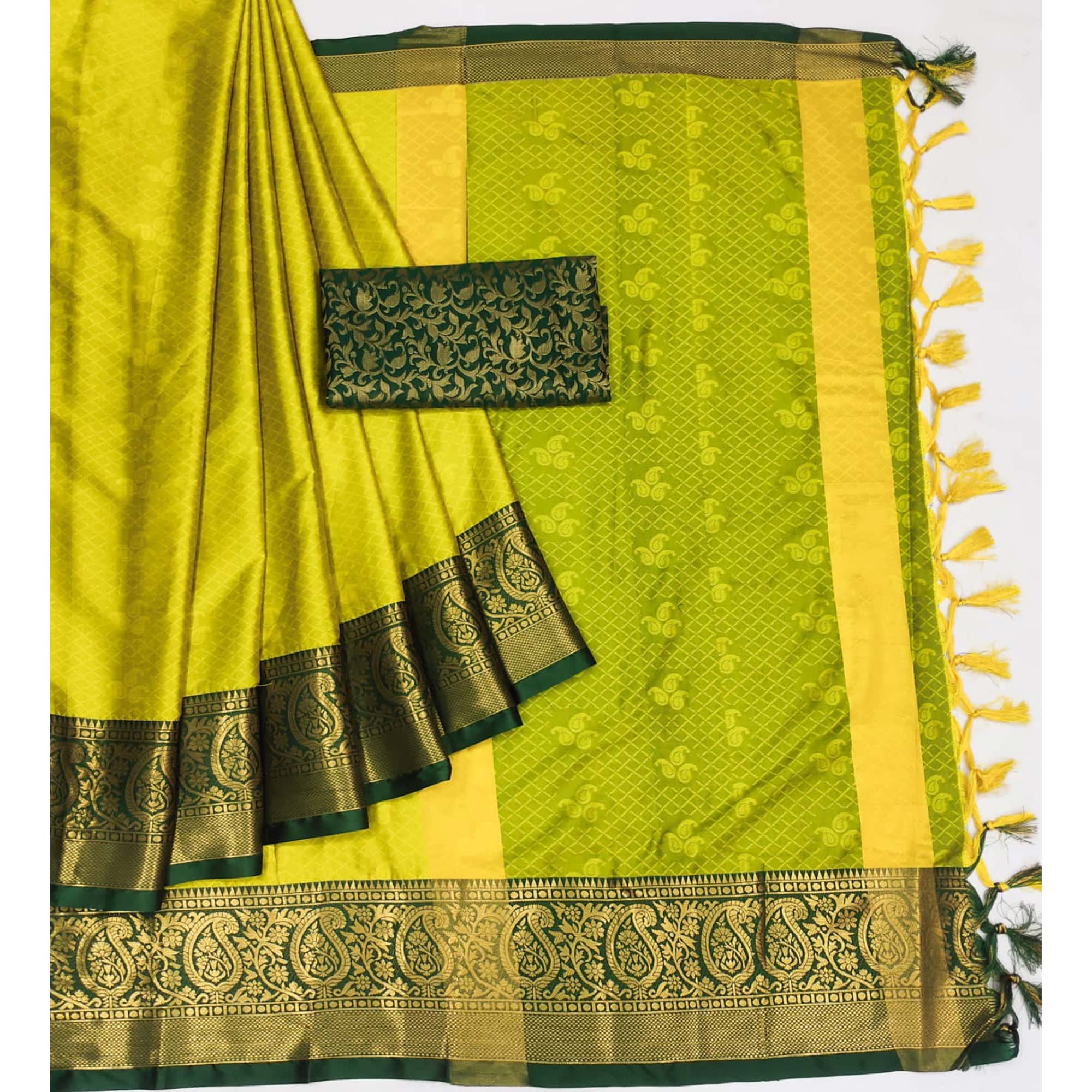 Lemon Green Woven Cotton Silk Saree With Tassels