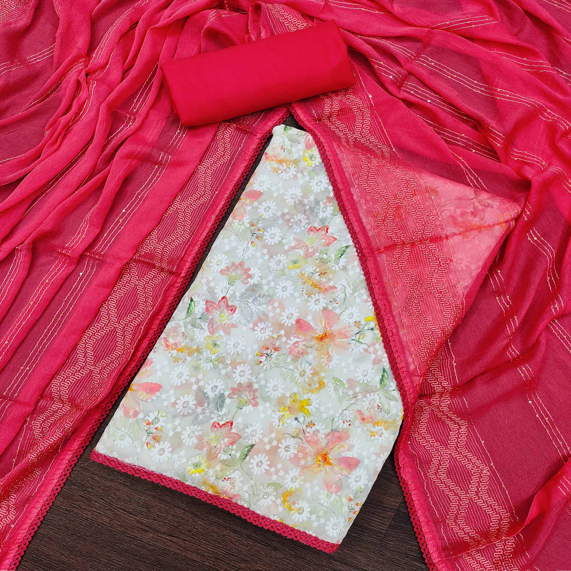 White & Pink Digital Printed With Embroidered Georgette Dress Material