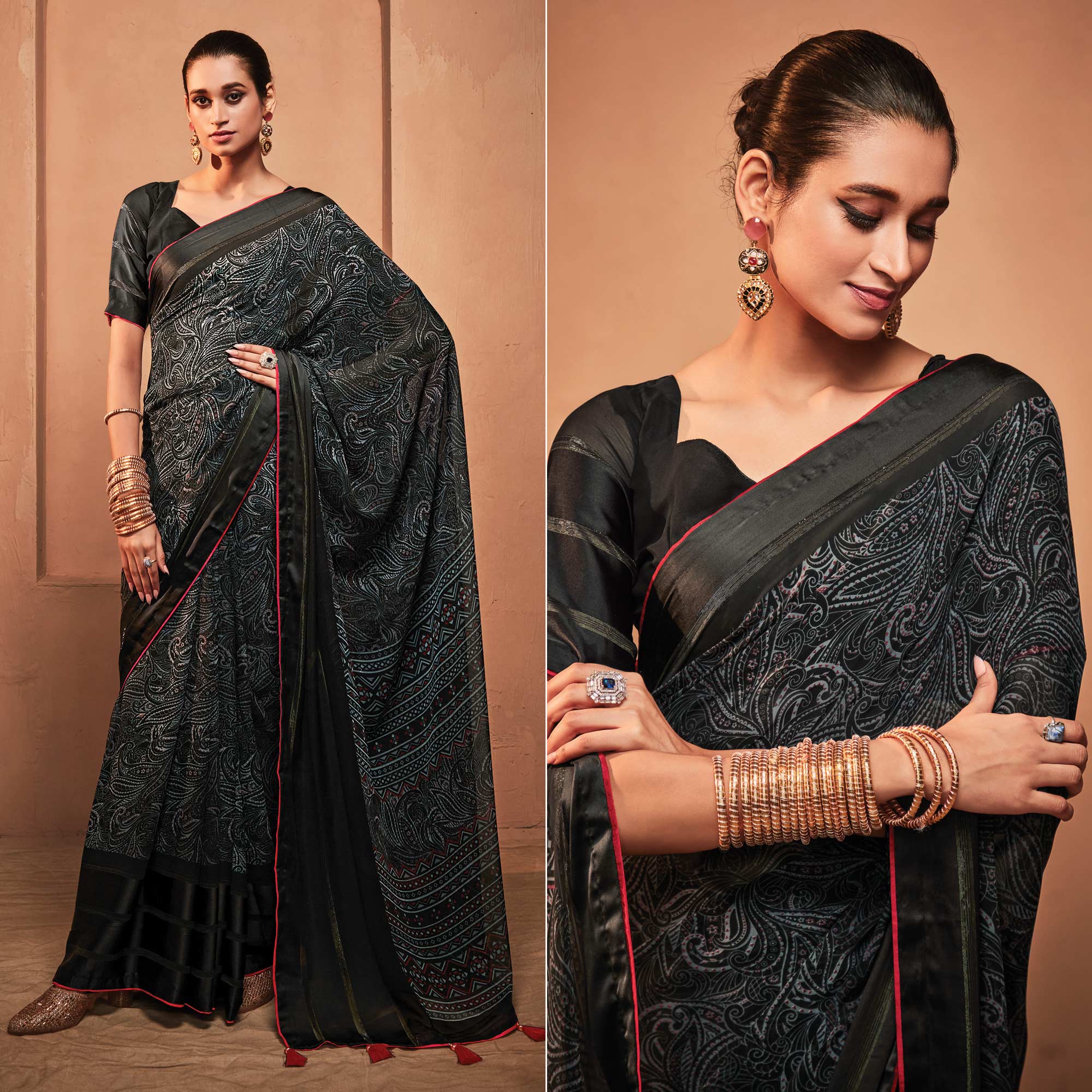 Black Printed Georgette Saree With Tassels