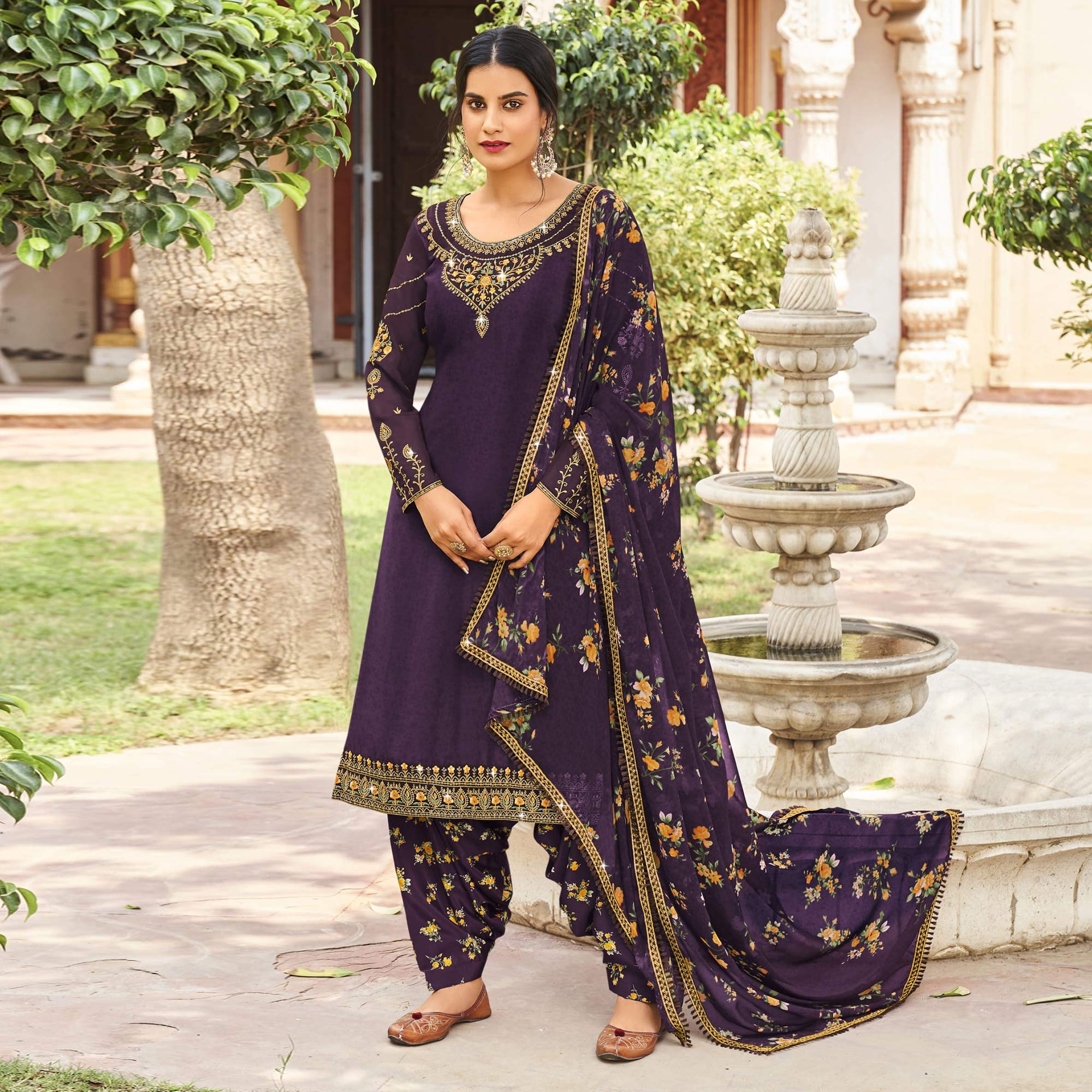 Purple Floral Embroidered Crepe Patiala Suit