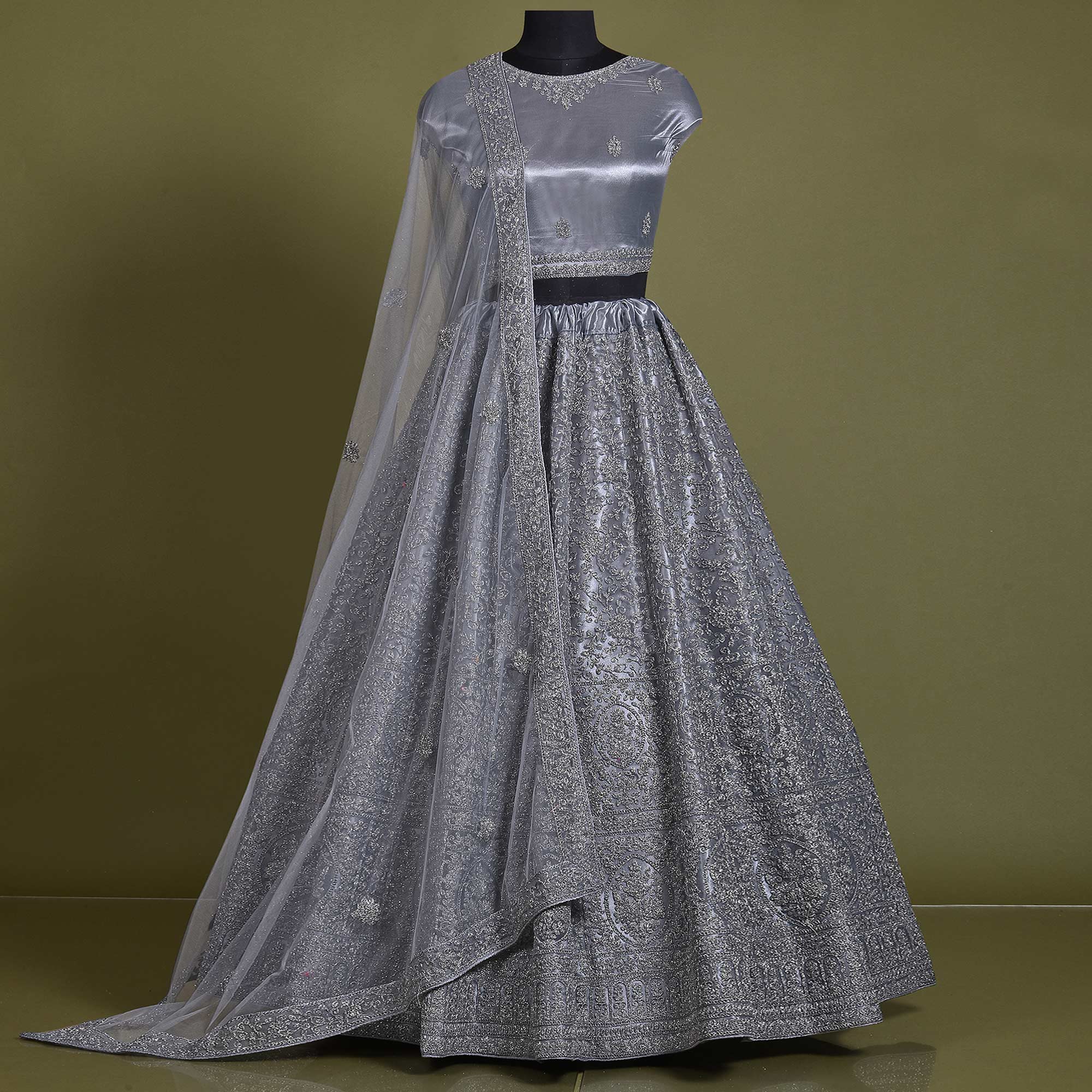 Grey Floral Embroidered Net Lehenga Choli