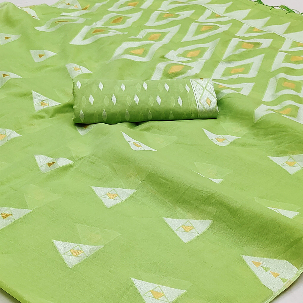 Green Woven Cotton Saree With Tassels