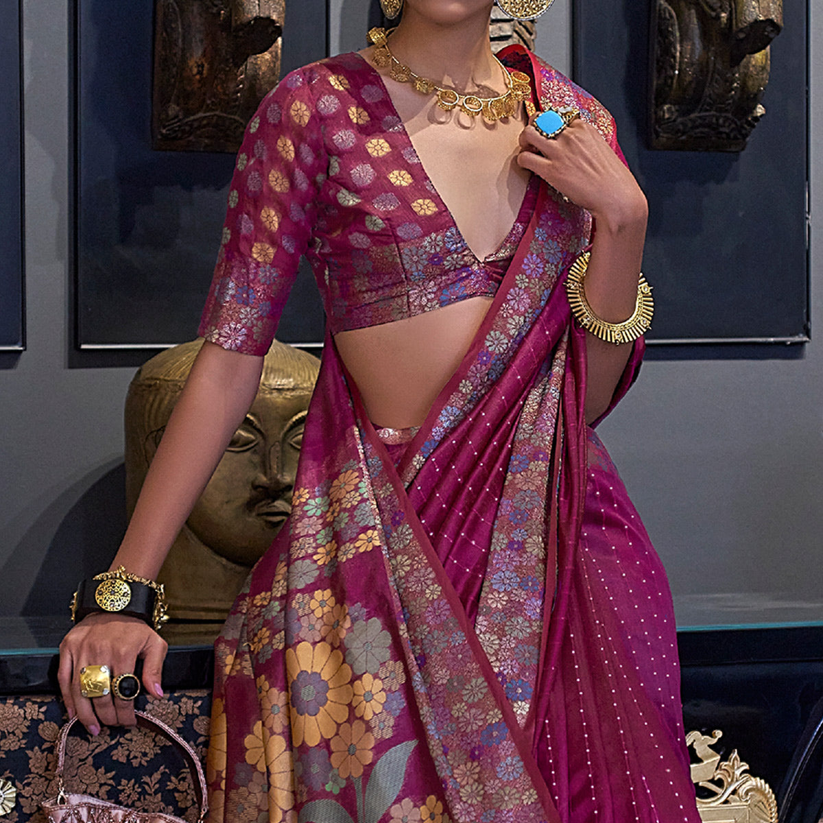 Magenta Pink Woven With Sequins Work Organza Saree