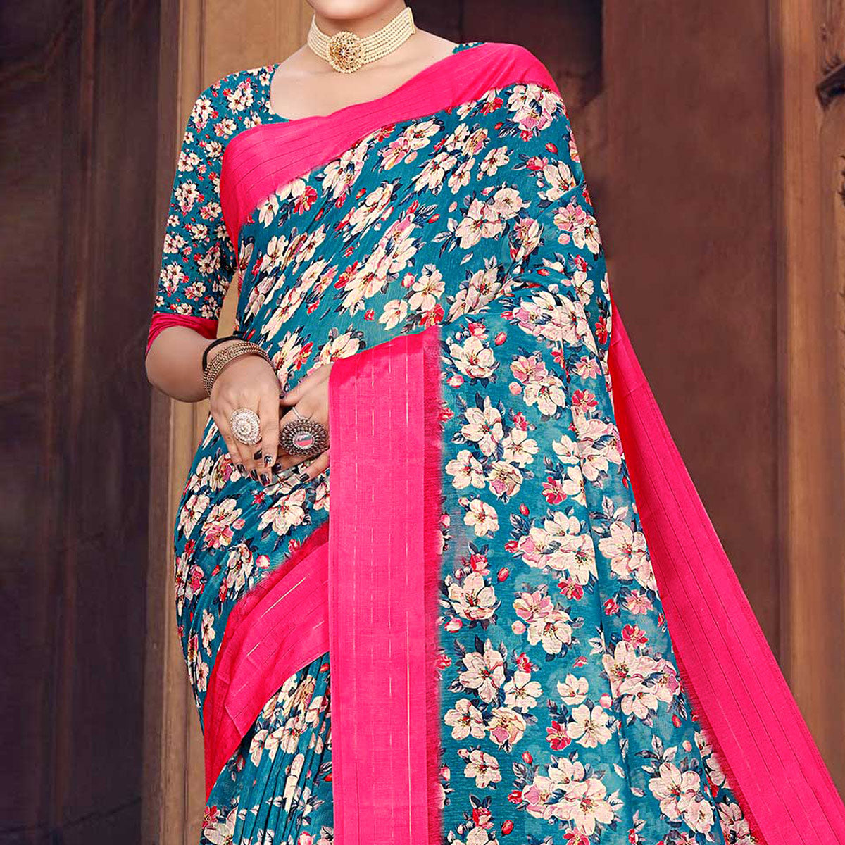 Blue Digital Printed Cotton Blend Saree