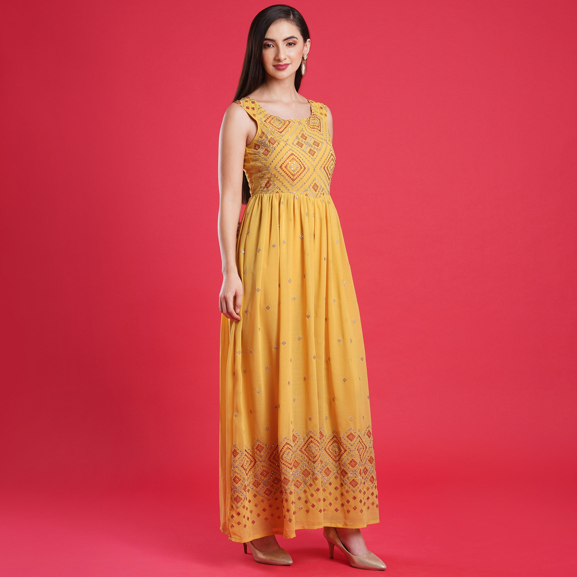 Yellow Sequins Embroidered Georgette Jumpsuit