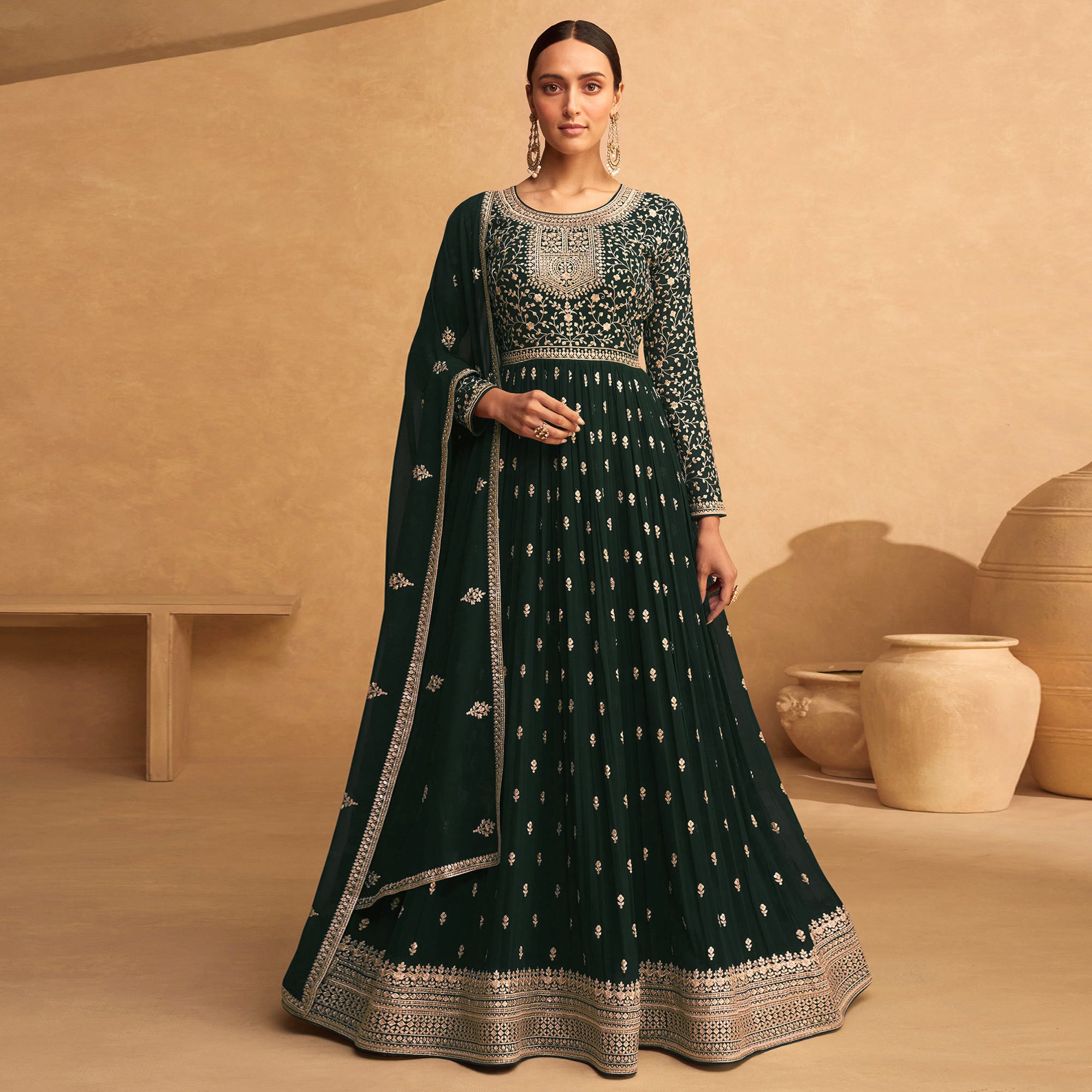 Dark Green Floral Sequins Embroidered Georgette Semi Stitched Anarkali Suit