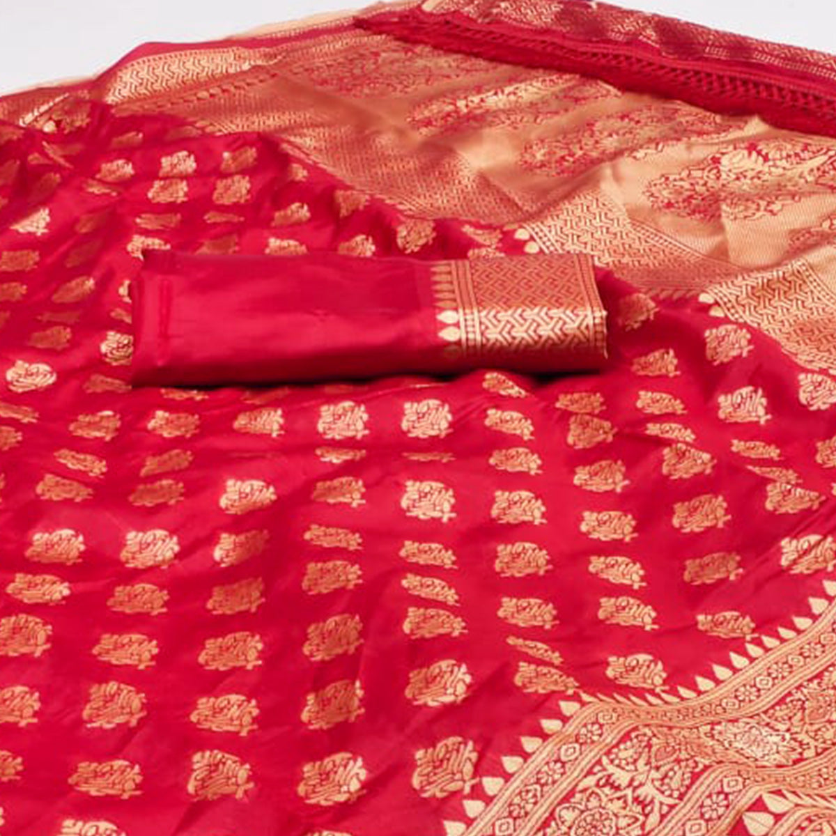 Red Woven Jacquard Saree With Tassels