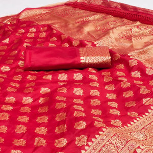 Red Woven Jacquard Saree With Tassels