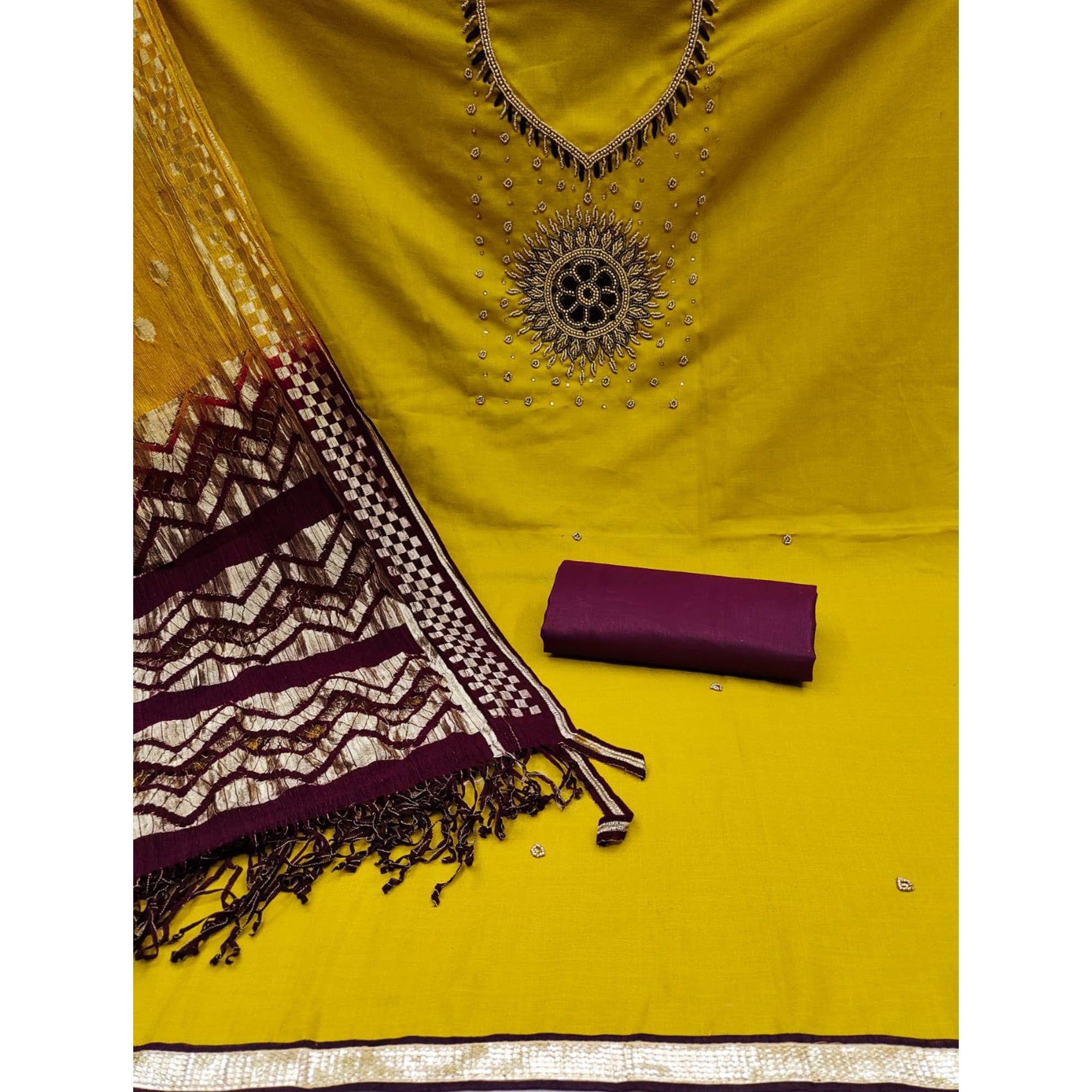Yellow Pearl Handwork Cotton Slub Dress Material