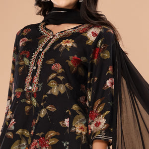 Black Floral Printed And Gota Work Muslin Anarkali Suit