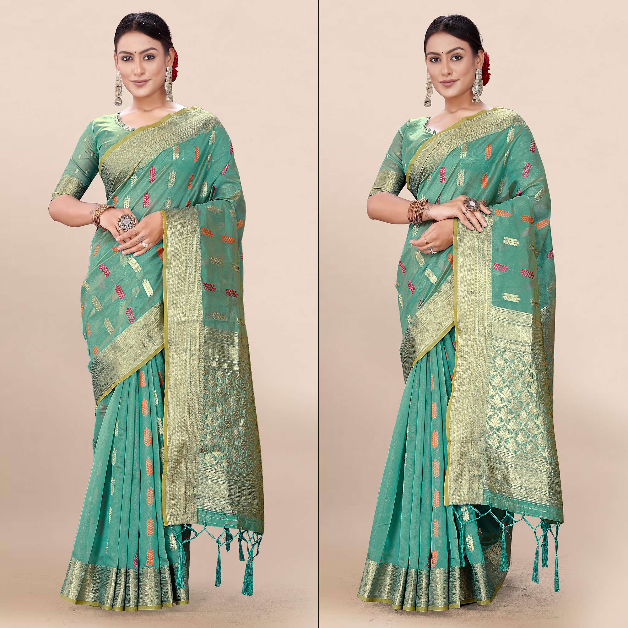 Rama Green Woven Organza Saree With Tassels