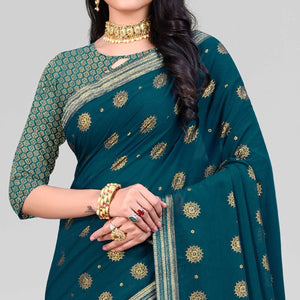 Teal Blue Woven Chiffon Saree