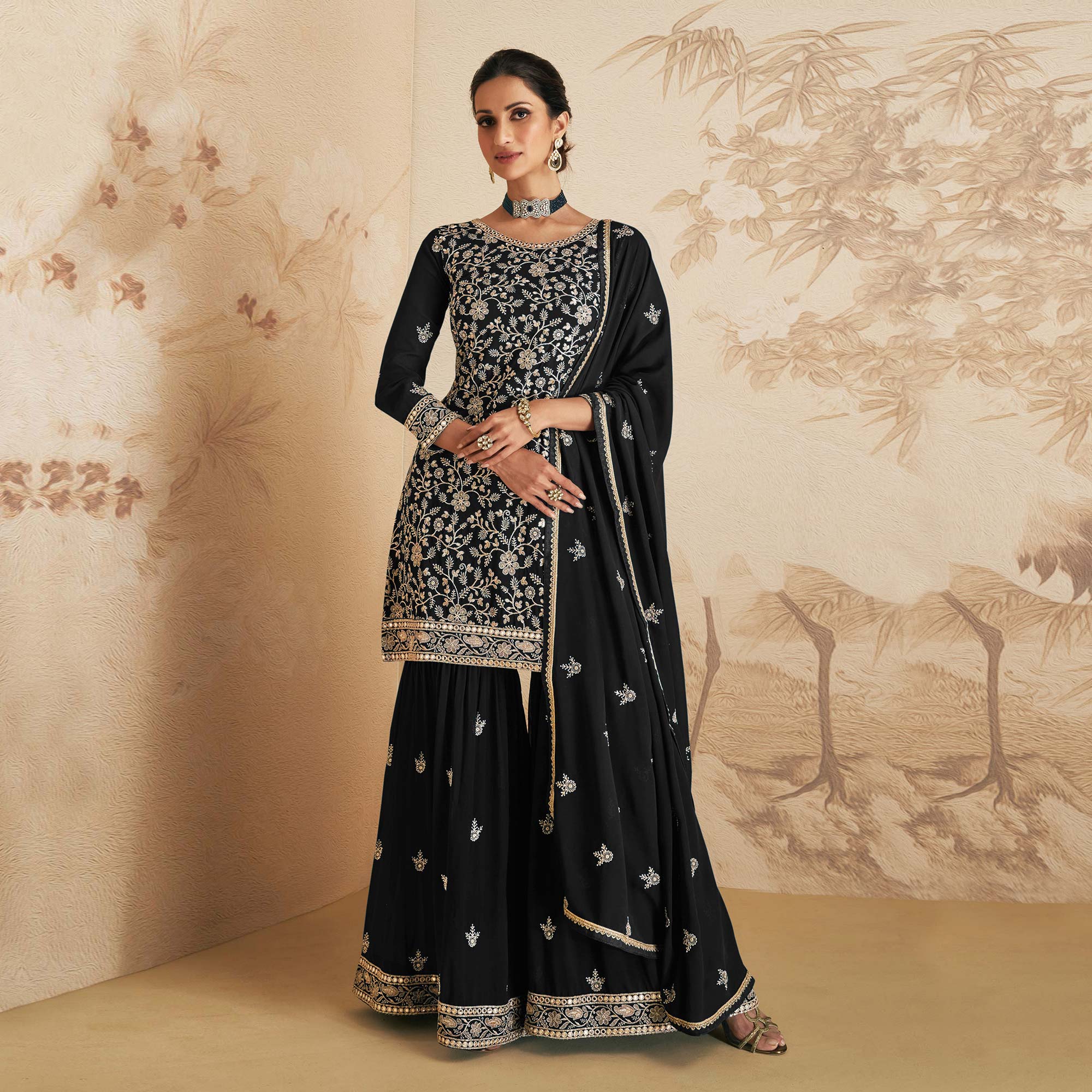 Black Sequins Embroidered Georgette Semi Stitched Sharara Suit