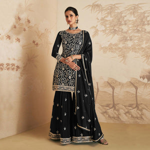Black Sequins Embroidered Georgette Semi Stitched Sharara Suit