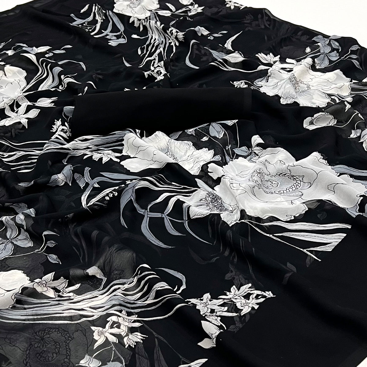 Black And White Floral Printed Georgette Saree