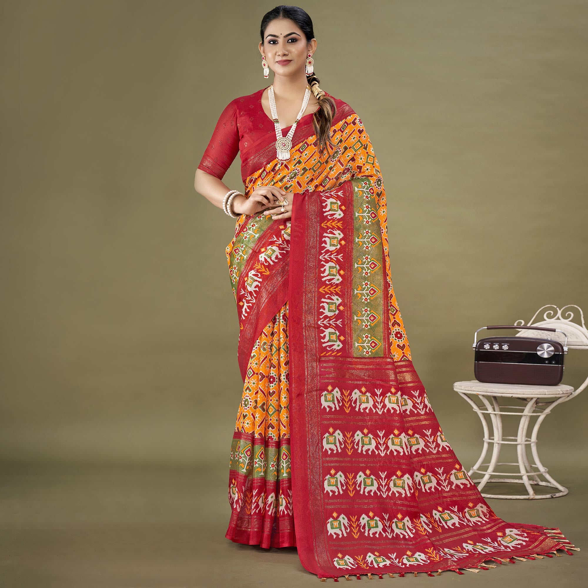 Orange Printed Jute Patola Saree
